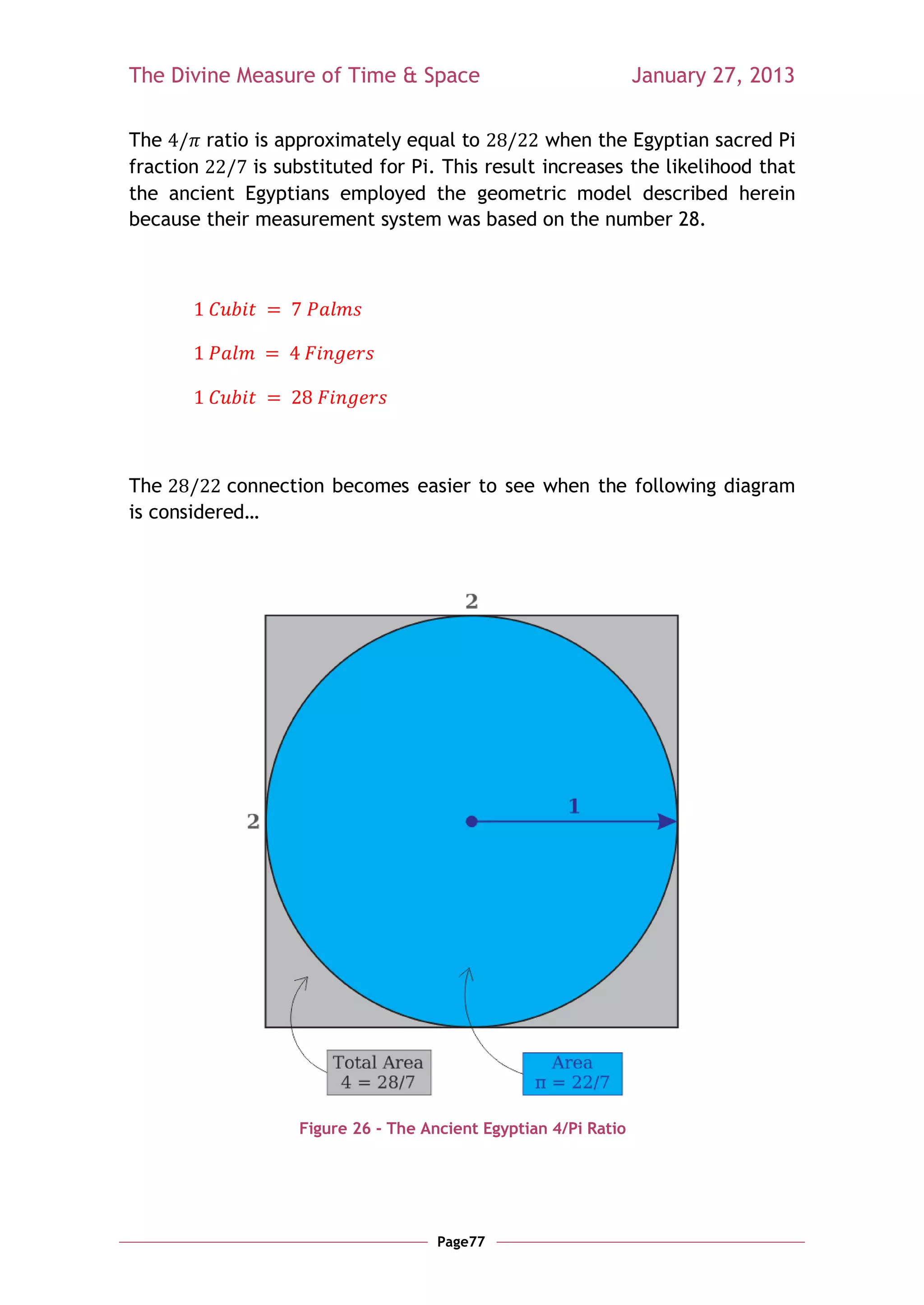 The Divine Measure of Time & Space                                January 27, 2013

The      ratio is approximately equal to           when the Egyptian sacred Pi
fraction       is substituted for Pi. This result increases the likelihood that
the ancient Egyptians employed the geometric model described herein
because their measurement system was based on the number 28.




The        connection becomes easier to see when the following diagram
is considered…




                    Figure 26 - The Ancient Egyptian 4/Pi Ratio




                                      Page77
 