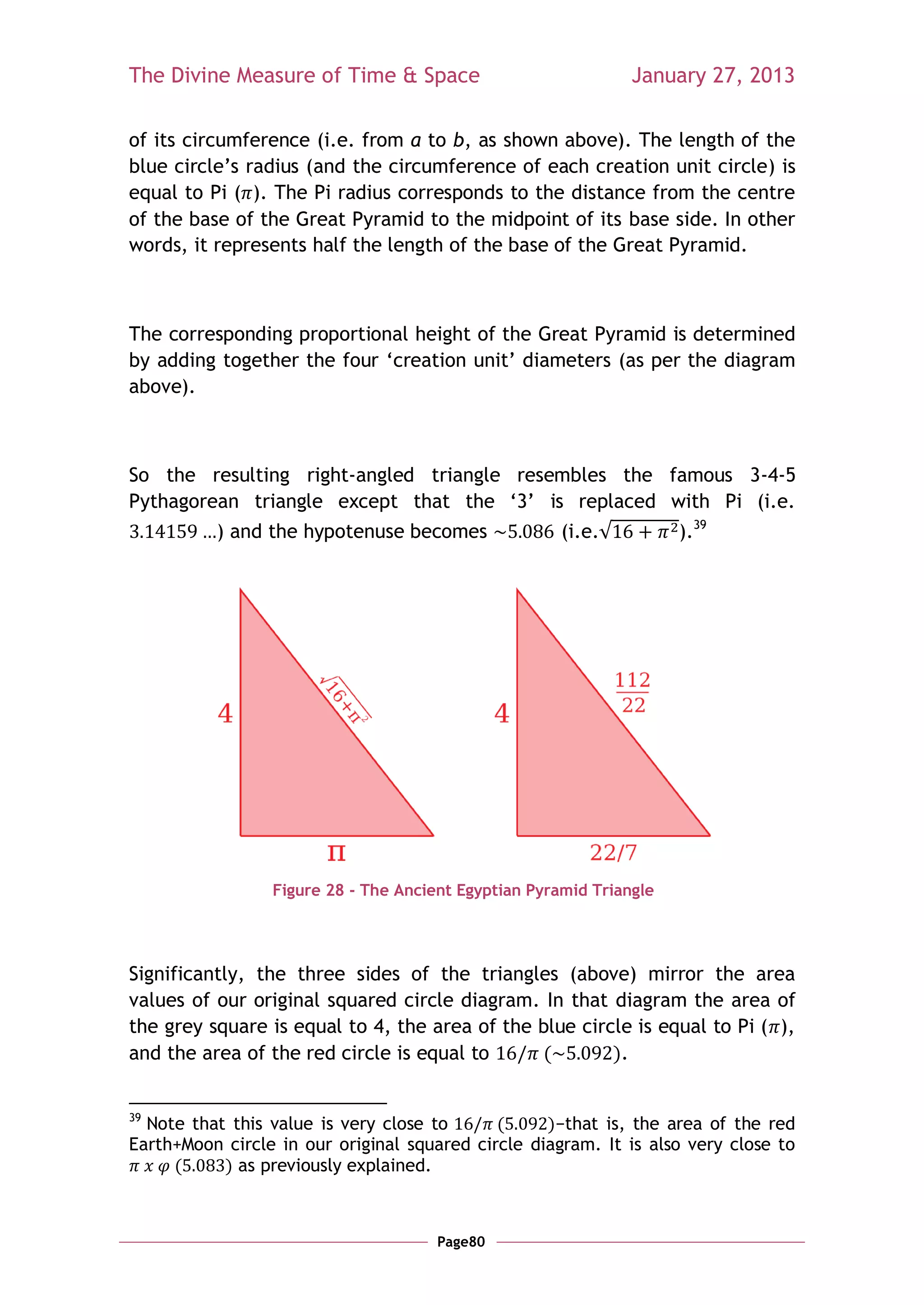 The Divine Measure of Time & Space                             January 27, 2013

of its circumference (i.e. from a to b, as shown above). The length of the
blue circle‘s radius (and the circumference of each creation unit circle) is
equal to Pi ( ). The Pi radius corresponds to the distance from the centre
of the base of the Great Pyramid to the midpoint of its base side. In other
words, it represents half the length of the base of the Great Pyramid.



The corresponding proportional height of the Great Pyramid is determined
by adding together the four ‗creation unit‘ diameters (as per the diagram
above).



So the resulting right-angled triangle resembles the famous 3-4-5
Pythagorean triangle except that the ‗3‘ is replaced with Pi (i.e.
          ) and the hypotenuse becomes                (i.e.          ).39




                 Figure 28 - The Ancient Egyptian Pyramid Triangle




Significantly, the three sides of the triangles (above) mirror the area
values of our original squared circle diagram. In that diagram the area of
the grey square is equal to 4, the area of the blue circle is equal to Pi ( ),
and the area of the red circle is equal to     (        ).


39
  Note that this value is very close to      (     )−that is, the area of the red
Earth+Moon circle in our original squared circle diagram. It is also very close to
     (     ) as previously explained.



                                      Page80
 