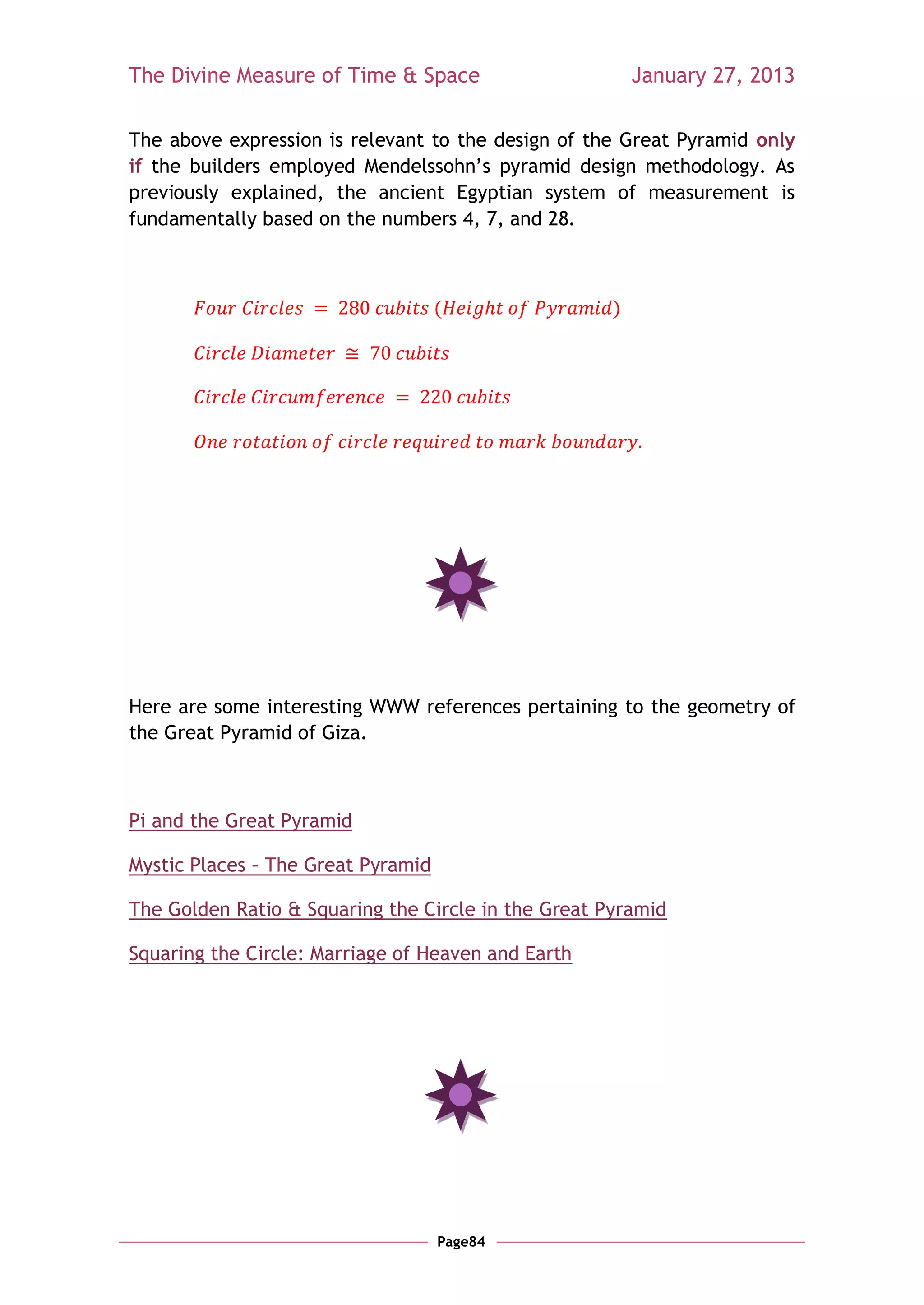 The Divine Measure of Time & Space                       January 27, 2013

The above expression is relevant to the design of the Great Pyramid only
if the builders employed Mendelssohn‘s pyramid design methodology. As
previously explained, the ancient Egyptian system of measurement is
fundamentally based on the numbers 4, 7, and 28.



                                    (                )




Here are some interesting WWW references pertaining to the geometry of
the Great Pyramid of Giza.



Pi and the Great Pyramid

Mystic Places – The Great Pyramid

The Golden Ratio & Squaring the Circle in the Great Pyramid

Squaring the Circle: Marriage of Heaven and Earth




                                    Page84
 