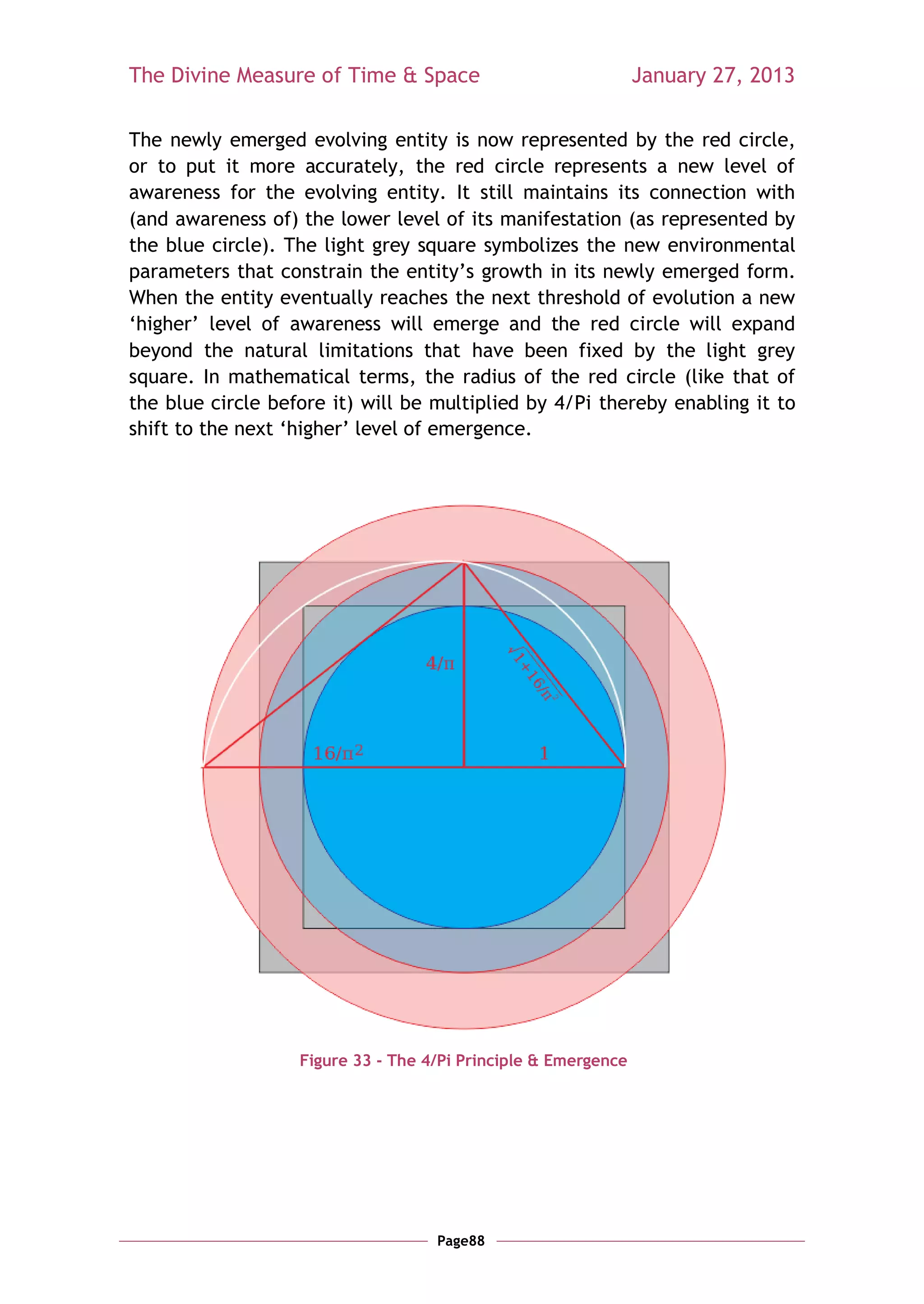 The Divine Measure of Time & Space                              January 27, 2013

The newly emerged evolving entity is now represented by the red circle,
or to put it more accurately, the red circle represents a new level of
awareness for the evolving entity. It still maintains its connection with
(and awareness of) the lower level of its manifestation (as represented by
the blue circle). The light grey square symbolizes the new environmental
parameters that constrain the entity‘s growth in its newly emerged form.
When the entity eventually reaches the next threshold of evolution a new
‗higher‘ level of awareness will emerge and the red circle will expand
beyond the natural limitations that have been fixed by the light grey
square. In mathematical terms, the radius of the red circle (like that of
the blue circle before it) will be multiplied by 4/Pi thereby enabling it to
shift to the next ‗higher‘ level of emergence.




                   Figure 33 - The 4/Pi Principle & Emergence




                                    Page88
 