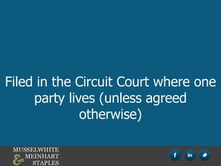 Filed in the Circuit Court where one
party lives (unless agreed
otherwise)
 
