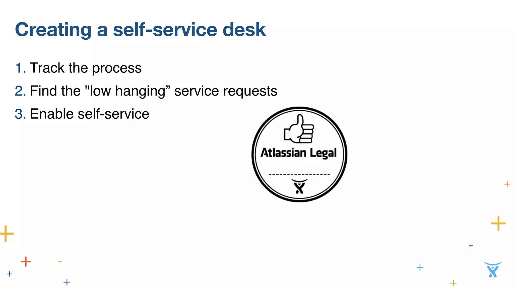 Creating a self-service desk 
1. Track the process 
2. Find the "low hanging” service requests 
3. Enable self-service 
 