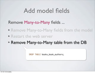 Add model ﬁelds
Remove Many-to-Many ﬁelds from the model
Restart the web server
Remove Many-to-Many table from the DB
Remove Many-to-Many ﬁelds ...
DROP TABLE books_book_authors;
2013年7月24日星期三
 