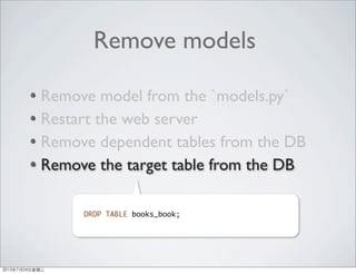 Remove model from the `models.py`
Restart the web server
Remove dependent tables from the DB
Remove the target table from the DB
Remove models
DROP TABLE books_book;
2013年7月24日星期三
 