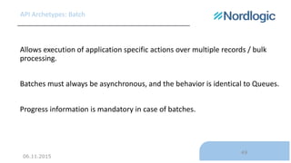 06.11.2015
49
API Archetypes: Batch
Allows execution of application specific actions over multiple records / bulk
processi...