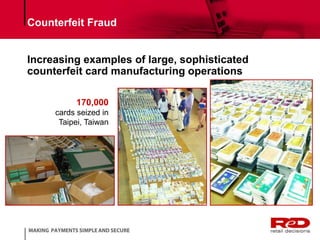 Counterfeit Fraud 
Increasing examples of large, sophisticated 
counterfeit card manufacturing operations 
170,000 
cards ...