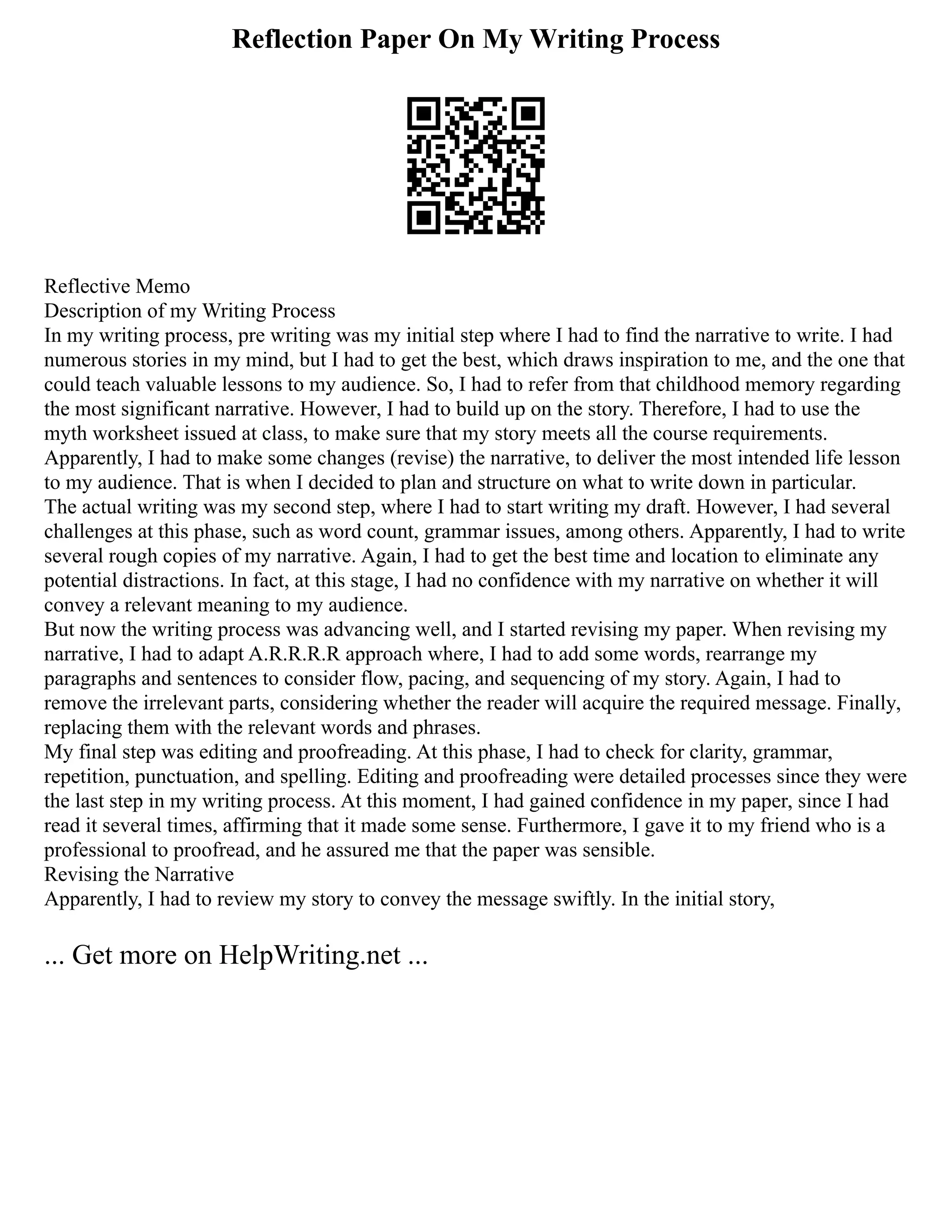 Reflection Paper On My Writing Process
Reflective Memo
Description of my Writing Process
In my writing process, pre writing was my initial step where I had to find the narrative to write. I had
numerous stories in my mind, but I had to get the best, which draws inspiration to me, and the one that
could teach valuable lessons to my audience. So, I had to refer from that childhood memory regarding
the most significant narrative. However, I had to build up on the story. Therefore, I had to use the
myth worksheet issued at class, to make sure that my story meets all the course requirements.
Apparently, I had to make some changes (revise) the narrative, to deliver the most intended life lesson
to my audience. That is when I decided to plan and structure on what to write down in particular.
The actual writing was my second step, where I had to start writing my draft. However, I had several
challenges at this phase, such as word count, grammar issues, among others. Apparently, I had to write
several rough copies of my narrative. Again, I had to get the best time and location to eliminate any
potential distractions. In fact, at this stage, I had no confidence with my narrative on whether it will
convey a relevant meaning to my audience.
But now the writing process was advancing well, and I started revising my paper. When revising my
narrative, I had to adapt A.R.R.R.R approach where, I had to add some words, rearrange my
paragraphs and sentences to consider flow, pacing, and sequencing of my story. Again, I had to
remove the irrelevant parts, considering whether the reader will acquire the required message. Finally,
replacing them with the relevant words and phrases.
My final step was editing and proofreading. At this phase, I had to check for clarity, grammar,
repetition, punctuation, and spelling. Editing and proofreading were detailed processes since they were
the last step in my writing process. At this moment, I had gained confidence in my paper, since I had
read it several times, affirming that it made some sense. Furthermore, I gave it to my friend who is a
professional to proofread, and he assured me that the paper was sensible.
Revising the Narrative
Apparently, I had to review my story to convey the message swiftly. In the initial story,
... Get more on HelpWriting.net ...
 