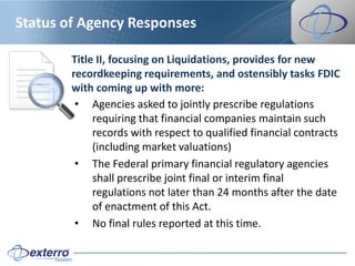 Status of Agency Responses

        Title II, focusing on Liquidations, provides for new
        recordkeeping requirements, and ostensibly tasks FDIC
        with coming up with more:
         • Agencies asked to jointly prescribe regulations
             requiring that financial companies maintain such
             records with respect to qualified financial contracts
             (including market valuations)
         • The Federal primary financial regulatory agencies
             shall prescribe joint final or interim final
             regulations not later than 24 months after the date
             of enactment of this Act.
         • No final rules reported at this time.
 