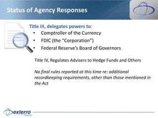 Status of Agency Responses

       Title III, delegates powers to:
         • Comptroller of the Currency
         • FDIC (the “Corporation”)
         • Federal Reserve’s Board of Governors

         Title IV, Regulates Advisers to Hedge Funds and Others

         No final rules reported at this time re: additional
         recordkeeping requirements, other than those mentioned in
         the Act
 