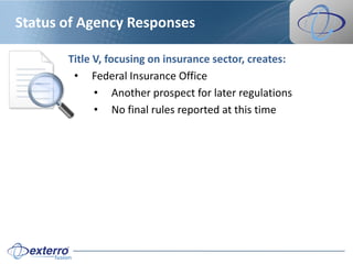 Status of Agency Responses

       Title V, focusing on insurance sector, creates:
        • Federal Insurance Office
             • Another prospect for later regulations
             • No final rules reported at this time
 