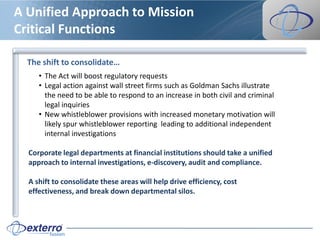 A Unified Approach to Mission
Critical Functions

  The shift to consolidate…
     • The Act will boost regulatory requests
     • Legal action against wall street firms such as Goldman Sachs illustrate
       the need to be able to respond to an increase in both civil and criminal
       legal inquiries
     • New whistleblower provisions with increased monetary motivation will
       likely spur whistleblower reporting leading to additional independent
       internal investigations

  Corporate legal departments at financial institutions should take a unified
  approach to internal investigations, e-discovery, audit and compliance.

  A shift to consolidate these areas will help drive efficiency, cost
  effectiveness, and break down departmental silos.
 