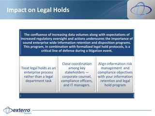 Impact on Legal Holds


      The confluence of increasing data volumes along with expectations of
    increased regulatory oversight and actions underscores the importance of
     sound enterprise wide information retention and disposition programs.
      This program, in combination with formalized legal hold protocols, is a
                 critical line of defense during a litigation event.


                               Close coordination     Align information risk
    Treat legal holds as an        among key            management and
      enterprise process         stakeholders —       compliance objectives
      rather than a legal      corporate counsel,     with your information
       department task        compliance officers,     retention and legal
                                and IT managers.          hold program
 