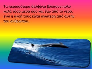 Τα περισσότερα δελφίνια βλέπουν πολύ
καλά τόσο μέσα όσο και έξω από το νερό,
ενώ η ακοή τους είναι ανώτερη από αυτήν
του ανθρώπου.
 