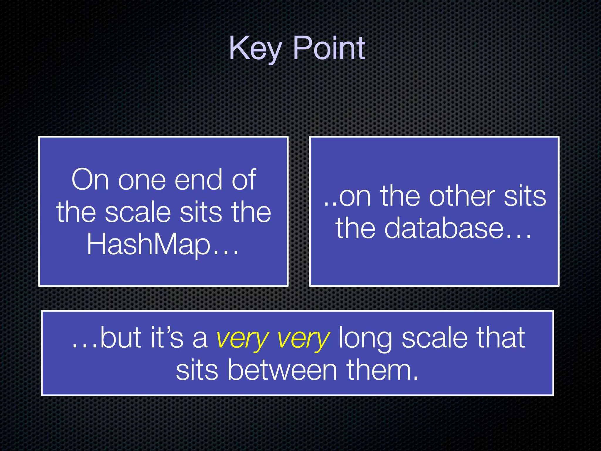 Key Point



 On one end of
                     ..on the other sits
the scale sits the
                       the database… 
  HashMap…


 …but it’s a very very long scale that
         sits between them.
 