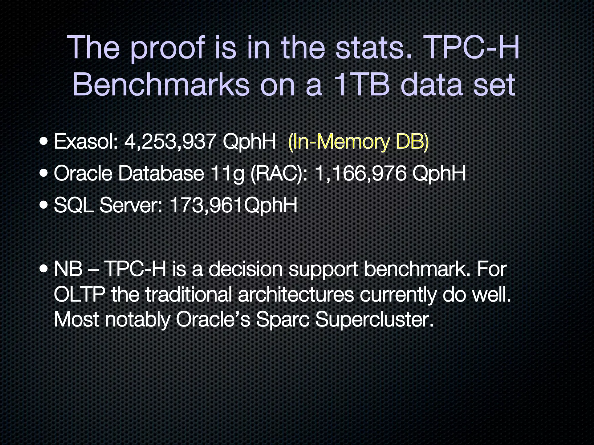 The proof is in the stats. TPC-H
Benchmarks on a 1TB data set
 