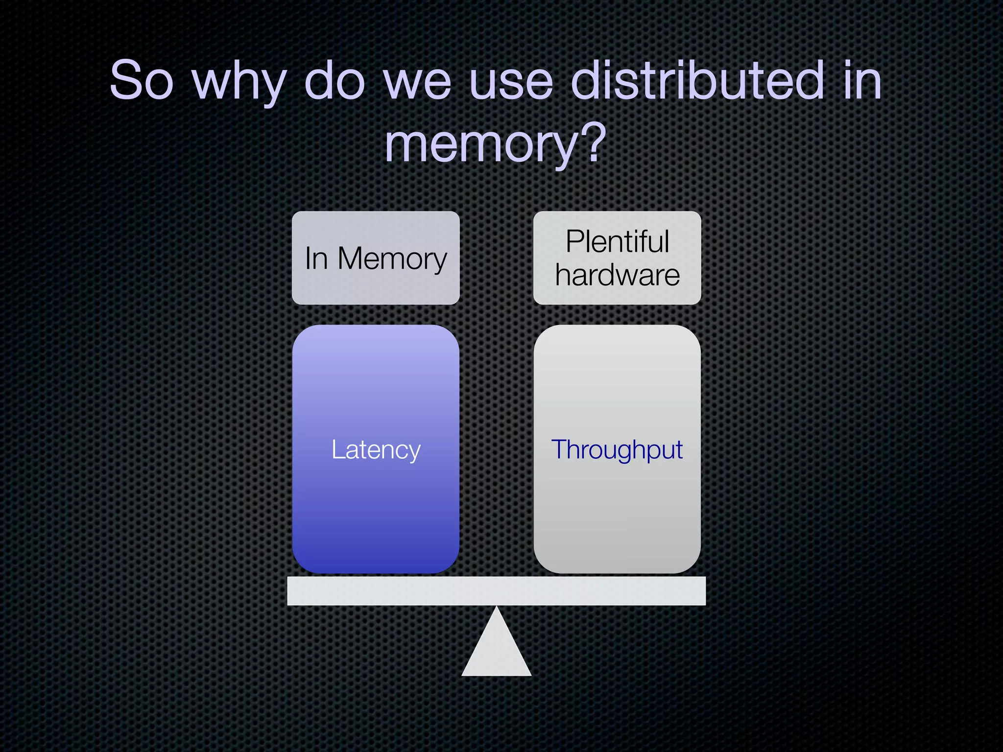So why do we use distributed in
          memory?
                     Plentiful
       In Memory
                    hardware




        Latency
    Throughput
 