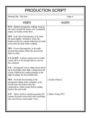 PRODUCTION SCRIPT
Working Title : The Door Page: 4
W/S – Behind protagonist, walking back up
the street towards his house, now completely
empty, no bodies on the floor.
M/S – Left side of protagonist, as he turns
his head slightly, looking at where the
bodies used to be, camera following his head
as he turns his head whilst walking.
M/S – Front of protagonist, as he walks
towards the camera whilst the shotslowly
fades to white.
C/U to M/S – Camera zooms out of a white
screen, till it is far enough that we can see
the computer.
C/U – Protagonist’s face, sitting down and lit
up by the bright white light coming from the
screen, followed by camera panning to the
right revealing the doorbehind him.
M/S – From the doorlooking at the [ Creak of Door ]
protagonist sitting at the computer, as he
slowly turns his bodyto face the
camera/door, which creaks before cutting
back to the real world.
C/U – Alarm clock in a bedroom going off, [ Alarm Going Off ]
camera focused on the clock with everything
else out of focus, clock reads ‘9 am’.
AUDIOVIDEO
 