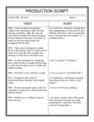 PRODUCTION SCRIPT
Working Title : The Door Page: 5
M/S – Camera pointed at protagonist [ In recent news, hundreds of people have
sitting at the same kitchen table, this time been disappearing over the past few days.
drawing something, whilst the same old Officials still unsure what is causing this,
news report is heard in the back, but during but it is thought that the revelation of…]
the last sentence of the news story there’s a [ Distant Knock ]
knock on the door, which makes the
protagonist lift his head.
C/U – Tilted, above protagonist, looking
down at the drawing whilst he stands up and
walks away from the shot, revealing the
drawing is of the doorin the black room.
O/S – As main protagonist is opening the [ How’s it going! I’m Gabriel. ]
door, which he takes a breather before doing
so, and when he opens a man is outside and
begins speaking.
O/S – Of Gabriel, as he continues to speak. [ I see you choseto stay behind huh? ]
C/U – Protagonist with a kind of [ I’m gathering a small group of people
disinterested look, listening to the Gabriel who choseto stay too, want to come
speak. along? ]
O/S – Of main protagonist again as the two [ You won’t be losing anything. ]
stand there in silence for a second, before the
Gabriel finishes.
W/S – Behind the two walking down the [ You know, usually when I find people
deserted street. who chosenot to go they are usually
pondering life or grieving. You don’t
seem to be doing either. ]
AUDIOVIDEO
 