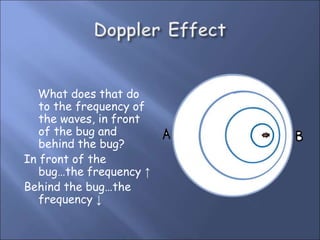 What does that do
to the frequency of
the waves, in front
of the bug and
behind the bug?
In front of the
bug…the frequency ↑
Behind the bug…the
frequency ↓
 