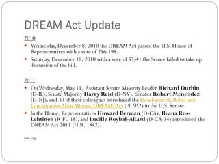 DREAM Act Update
2010
 Wednesday, December 8, 2010 the DREAMAct passed the U.S. House of
Representatives with a vote of 216-198.
 Saturday, December 18, 2010 with a vote of 55-41 the Senate failed to take up
discussion of the bill.
2011
 OnWednesday, May 11, Assistant Senate Majority Leader Richard Durbin
(D-IL), Senate Majority Harry Reid (D-NV), Senator Robert Menendez
(D-NJ), and 30 of their colleagues introduced the Development, Relief and
Education for Alien Minors (DREAM) Act ( S. 952) in the U.S. Senate.
 In the House, Representatives Howard Berman (D-CA), Ileana Ros-
Lehtinen (R-FL-18), and Lucille Roybal-Allard (D-CA-34) introduced the
DREAMAct 2011 (H.R. 1842).
(nilc.org)
 