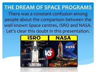 THE DREAM OF SPACE PROGRAMS
There was a constant confusion among
people about the comparison between the
well known Space centres, ISRO and NASA.
Let’s clear this doubt in this presentation.
 