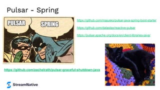 Pulsar - Spring
https://github.com/majusko/pulsar-java-spring-boot-starter
https://github.com/datastax/reactive-pulsar
https://pulsar.apache.org/docs/en/client-libraries-java/
https://github.com/zachelrath/pulsar-graceful-shutdown-java
 