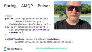 Spring - AMQP - Pulsar
https://www.baeldung.com/spring-amqp
rabbitTemplate.convertAndSend(topicName,
DataUtility.serializeToJSON(observation));
@Bean
public CachingConnectionFactory
connectionFactory() {
CachingConnectionFactory ccf =
new CachingConnectionFactory();
ccf.setAddresses(serverName);
return ccf;
}
 