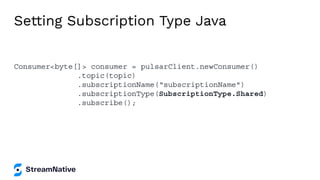 Setting Subscription Type Java
Consumer<byte[]> consumer = pulsarClient.newConsumer()
.topic(topic)
.subscriptionName(“subscriptionName")
.subscriptionType(SubscriptionType.Shared)
.subscribe();
 