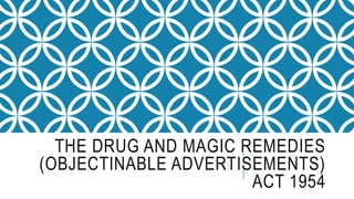 THE DRUG AND MAGIC REMEDIES
(OBJECTINABLE ADVERTISEMENTS)
ACT 1954
 