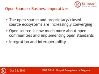 Oct 28, 2010 DMF 2010 : Drupal Ecosystem in Belgium
Open Source : Business Imperatives
● The open source and proprietary/closed
source ecosystems are increasingly converging
● Open source is now much more about open
communities and implementing open standards
● Integration and interoperability
 