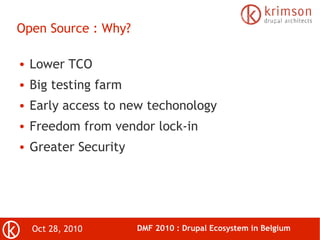 Oct 28, 2010 DMF 2010 : Drupal Ecosystem in Belgium
Open Source : Why?
● Lower TCO
● Big testing farm
● Early access to new techonology
● Freedom from vendor lock-in
● Greater Security
 