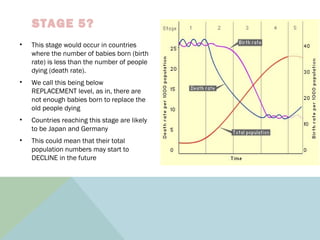 STAGE 5?
• This stage would occur in countries
where the number of babies born (birth
rate) is less than the number of people
dying (death rate).
• We call this being below
REPLACEMENT level, as in, there are
not enough babies born to replace the
old people dying
• Countries reaching this stage are likely
to be Japan and Germany
• This could mean that their total
population numbers may start to
DECLINE in the future
 