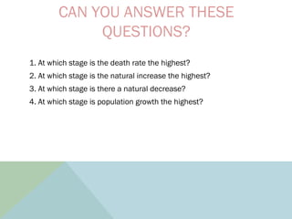CAN YOU ANSWER THESE
QUESTIONS?
1. At which stage is the death rate the highest?
2. At which stage is the natural increase the highest?
3. At which stage is there a natural decrease?
4. At which stage is population growth the highest?
 