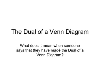 The Dual of a Venn Diagram
What does it mean when someone
says that they have made the Dual of a
Venn Diagram?

 