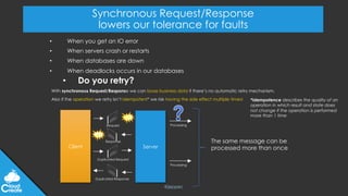 @jeppec
Synchronous Request/Response
lowers our tolerance for faults
• When you get an IO error
• When servers crash or restarts
• When databases are down
• When deadlocks occurs in our databases
• Do you retry?
With synchronous Request/Response we can loose business data if there’s no automatic retry mechanism.
Also if the operation we retry isn’t idempotent* we risk having the side effect multiple times!
Client Server
Processing
The same message can be
processed more than once
*Idempotence describes the quality of an
operation in which result and state does
not change if the operation is performed
more than 1 time
Request
Processing
Duplicated Request
Duplicated Response
Response
 