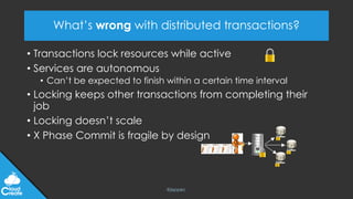@jeppec
What’s wrong with distributed transactions?
• Transactions lock resources while active
• Services are autonomous
• Can’t be expected to finish within a certain time interval
• Locking keeps other transactions from completing their
job
• Locking doesn’t scale
• X Phase Commit is fragile by design
 