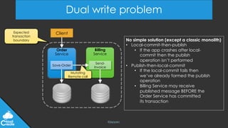 @jeppec
Dual write problem
Order
Service
Billing
Service
Client
Send-
Invoice
Save-Order
Mutating
Remote call
Expected
transaction
boundary No simple solution (except a classic monolith)
• Local-commit-then-publish
• If the app crashes after local-
commit then the publish
operation isn’t performed
• Publish-then-local-commit
• If the local-commit fails then
we’ve already formed the publish
operation
• Billing Service may receive
published message BEFORE the
Order Service has committed
its transaction
 