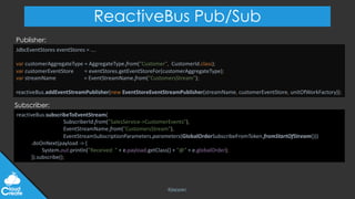 @jeppec
ReactiveBus Pub/Sub
JdbcEventStores eventStores = ….
var customerAggregateType = AggregateType.from("Customer", CustomerId.class);
var customerEventStore = eventStores.getEventStoreFor(customerAggregateType);
var streamName = EventStreamName.from("CustomersStream");
reactiveBus.addEventStreamPublisher(new EventStoreEventStreamPublisher(streamName, customerEventStore, unitOfWorkFactory));
Publisher:
reactiveBus.subscribeToEventStream(
SubscriberId.from(”SalesService->CustomerEvents"),
EventStreamName.from("CustomersStream"),
EventStreamSubscriptionParameters.parameters(GlobalOrderSubscribeFromToken.fromStartOfStream()))
.doOnNext(payload -> {
System.out.println(”Received: " + e.payload.getClass() + "@" + e.globalOrder);
}).subscribe();
Subscriber:
 