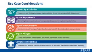 Use Case Considerations
Compliance Reporting
Governed data produces certified results that ensure no miscues in both internal and external reporting
Impact Analysis
Change management can easily trace and identify any impacts to data consumers
Digital Transformation
Architecture should leverage a hub and spoke model to enable domain based micro service builds
System Replacement
Converting to a new system should leverage clean data as part of any data import activities
Growth By Acquisition
Requires a data strategy that supports a consolidated view of data across multiple data sources
 