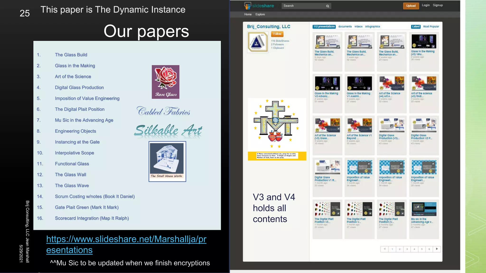  Our papers
5/29/2021
25
1. The Glass Build
2. Glass in the Making
3. Art of the Science
4. Digital Glass Production
5. Imposition of Value Engineering
6. The Digital Plait Position
7. Mu Sic in the Advancing Age
8. Engineering Objects
9. Instancing at the Gate
10. Interpolative Scope
11. Functional Glass
12. The Glass Wall
13. The Glass Wave
14. Scrum Costing w/notes (Book It Daniel)
15. Gate Plait Green (Mark It Mark)
16. Scorecard Integration (Map It Ralph)
^^Mu Sic to be updated when we finish encryptions
This paper is The Dynamic Instance
https://www.slideshare.net/Marshallja/pr
esentations
Cabled Fabrics
Brij
Consulting,
LLC
Jean
Marshall
V3 and V4
holds all
contents
 