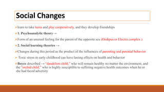 Social Changes
learn to take turns and play cooperatively, and they develop friendships
1. Psychoanalytic theory→
Form of an unusual feeling for the parent of the opposite sex (Oedipus or Electra complex )
2. Social learning theories →
Changes during this period as the product of the influences of parenting and parental behavior
 Toxic stress in early childhood can have lasting effects on health and behavior
Boyce described → “dandelion child,” who will remain healthy no matter the environment, and
the “orchid child,” who is highly susceptible to suffering negative health outcomes when he or
she had faced adversity
 
