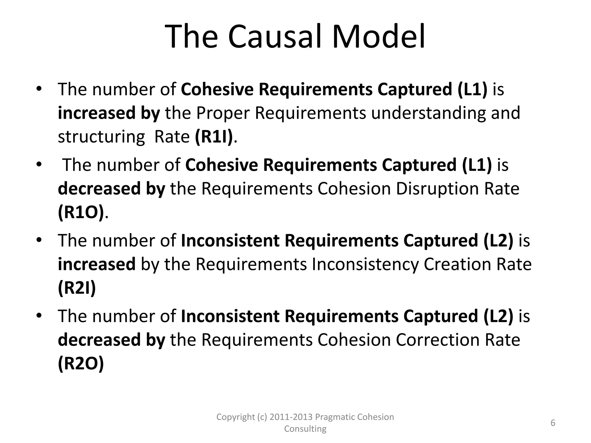 The Causal Model
• The number of Cohesive Requirements Captured (L1) is
increased by the Proper Requirements understanding and
structuring Rate (R1I).
• The number of Cohesive Requirements Captured (L1) is
decreased by the Requirements Cohesion Disruption Rate
(R1O).
• The number of Inconsistent Requirements Captured (L2) is
increased by the Requirements Inconsistency Creation Rate
(R2I)
• The number of Inconsistent Requirements Captured (L2) is
decreased by the Requirements Cohesion Correction Rate
(R2O)
Copyright (c) 2011-2015 Pragmatic Cohesion
Consulting; All Rights Reserved
6
 