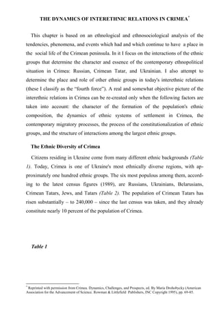 THE DYNAMICS OF INTERETHNIC RELATIONS IN CRIMEA*


    This chapter is based on an ethnological and ethnosociological analysis of the
tendencies, phenomena, and events which had and which continue to have a place in
the social life of the Crimean peninsula. In it I focus on the interactions of the ethnic
groups that determine the character and essence of the contemporary ethnopolitical
situation in Crimea: Russian, Crimean Tatar, and Ukrainian. I also attempt to
determine the place and role of other ethnic groups in today's interethnic relations
(these I classify as the “fourth force”). A real and somewhat objective picture of the
interethnic relations in Crimea can be re-created only when the following factors are
taken into account: the character of the formation of the population's ethnic
composition, the dynamics of ethnic systems of settlement in Crimea, the
contemporary migratory processes, the process of the constitutionalization of ethnic
groups, and the structure of interactions among the largest ethnic groups.

    The Ethnic Diversity of Crimea

    Citizens residing in Ukraine come from many different ethnic backgrounds (Table
1). Today, Crimea is one of Ukraine's most ethnically diverse regions, with ap-
proximately one hundred ethnic groups. The six most populous among them, accord-
ing to the latest census figures (1989), are Russians, Ukrainians, Belarusians,
Crimean Tatars, Jews, and Tatars (Table 2). The population of Crimean Tatars has
risen substantially – to 240,000 – since the last census was taken, and they already
constitute nearly 10 percent of the population of Crimea.




    Table 1




*
 Reprinted with permission from Crimea. Dynamics, Challenges, and Prospects, ed. By Maria Drohobycky (American
Association for the Advancement of Science. Rowman & Littlefield Publishers, INC Copyright 1995), pp. 69-85.
 