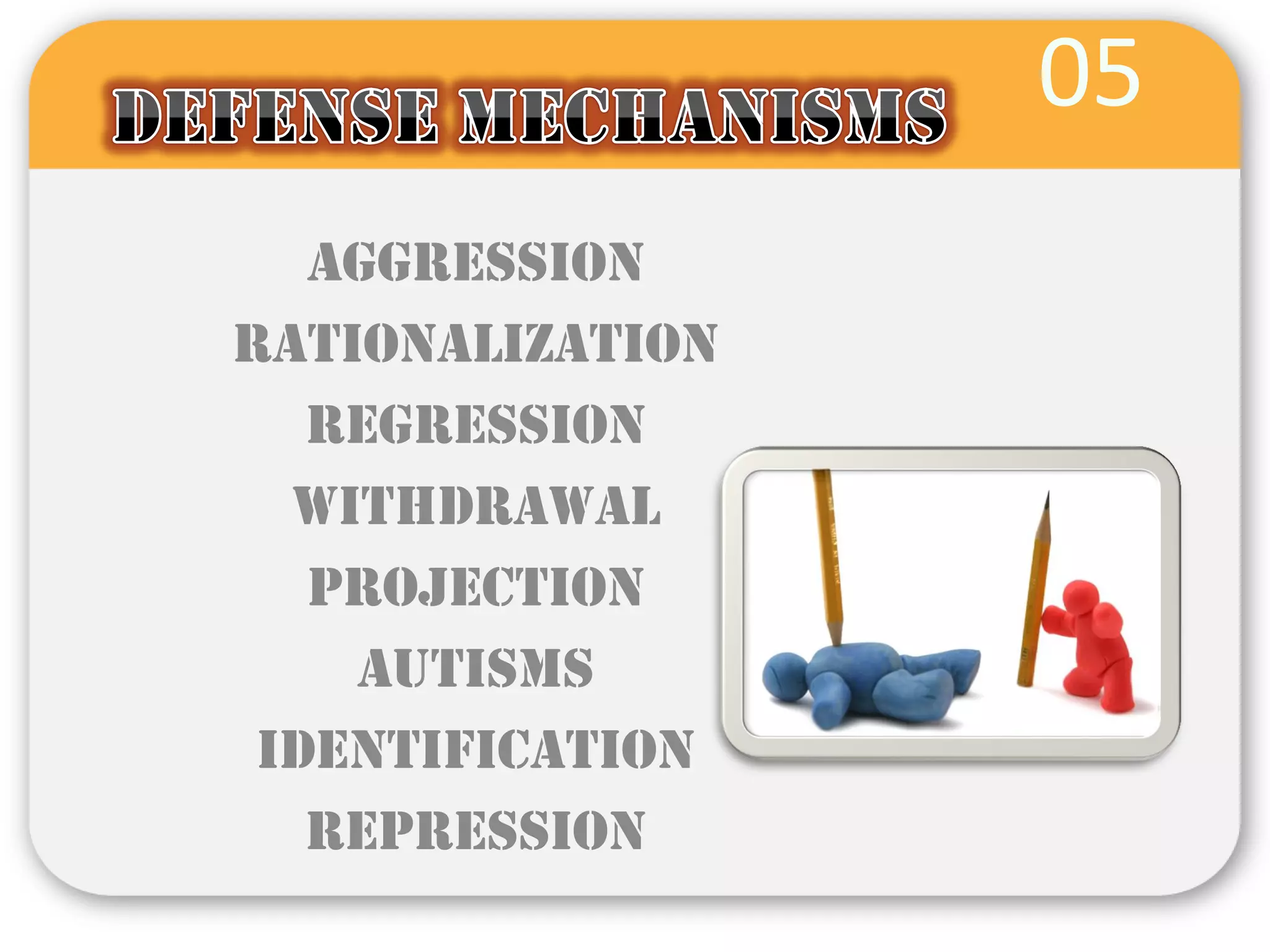 05
   Aggression
Rationalization
   Regression
  Withdrawal
   Projection
    Autisms
 Identification
   Repression
 
