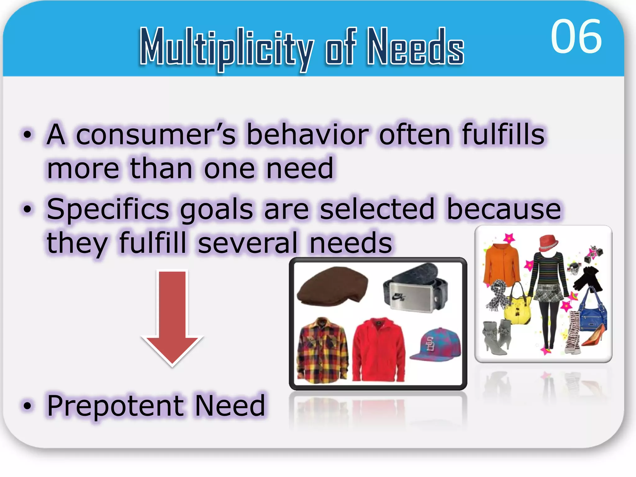 06
• A consumer’s behavior often fulfills
  more than one need
• Specifics goals are selected because
  they fulfill several needs




• Prepotent Need
 