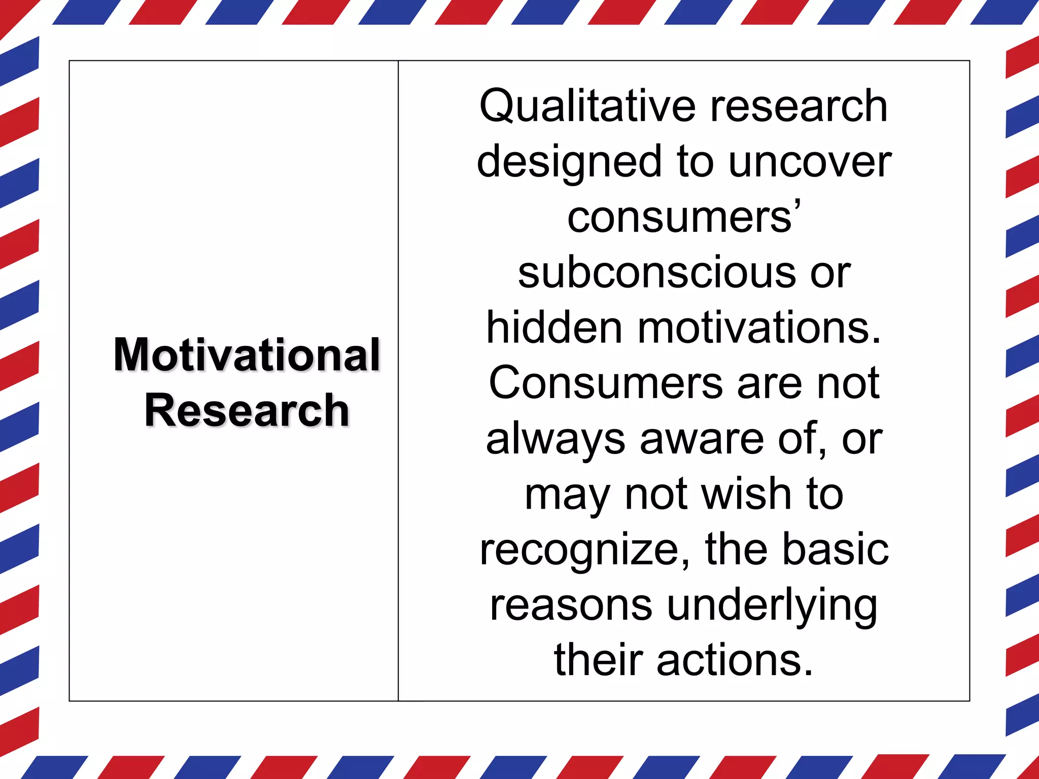 Qualitative research
               designed to uncover
                    consumers’
                  subconscious or
               hidden motivations.
Motivational
                Consumers are not
 Research
               always aware of, or
                  may not wish to
               recognize, the basic
                reasons underlying
                   their actions.
 