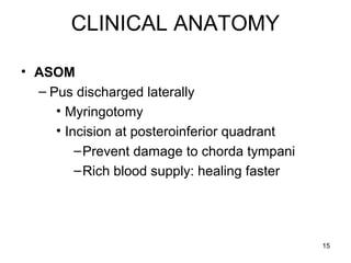 CLINICAL ANATOMY
• ASOM
– Pus discharged laterally
• Myringotomy
• Incision at posteroinferior quadrant
–Prevent damage to chorda tympani
–Rich blood supply: healing faster
15
 