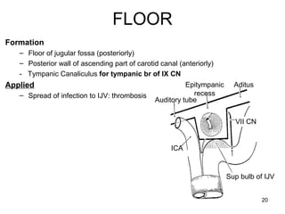 FLOOR
Formation
– Floor of jugular fossa (posteriorly)
– Posterior wall of ascending part of carotid canal (anteriorly)
- Tympanic Canaliculus for tympanic br of IX CN
Applied
– Spread of infection to IJV: thrombosis
20
Epitympanic
recess
Aditus
Auditory tube
ICA
Sup bulb of IJV
VII CN
 