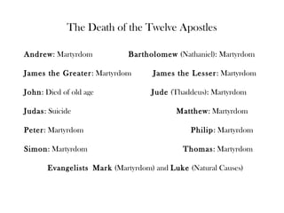 The Death of the Twelve Apostles

Andrew: Martyrdom            Bartholomew (Nathaniel): Martyrdom

James the Greater: Martyrdom        James the Lesser : Martyrdom

John: Died of old age              Jude (Thaddeus): Martyrdom

Judas: Suicide                            Matthew: Martyrdom

Peter: Martyrdom                              Philip: Martyrdom

Simon: Martyrdom                            Thomas: Martyrdom

       Evangelists Mark (Martyrdom) and Luke (Natural Causes)
 