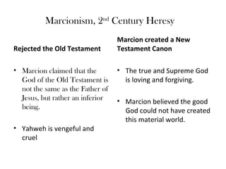 Marcionism, 2nd Century Heresy
                                  Marcion created a New
Rejected the Old Testament        Testament Canon

• Marcion claimed that the        • The true and Supreme God
  God of the Old Testament is       is loving and forgiving.
  not the same as the Father of
  Jesus, but rather an inferior   • Marcion believed the good
  being.                            God could not have created
                                    this material world.
• Yahweh is vengeful and
  cruel
 